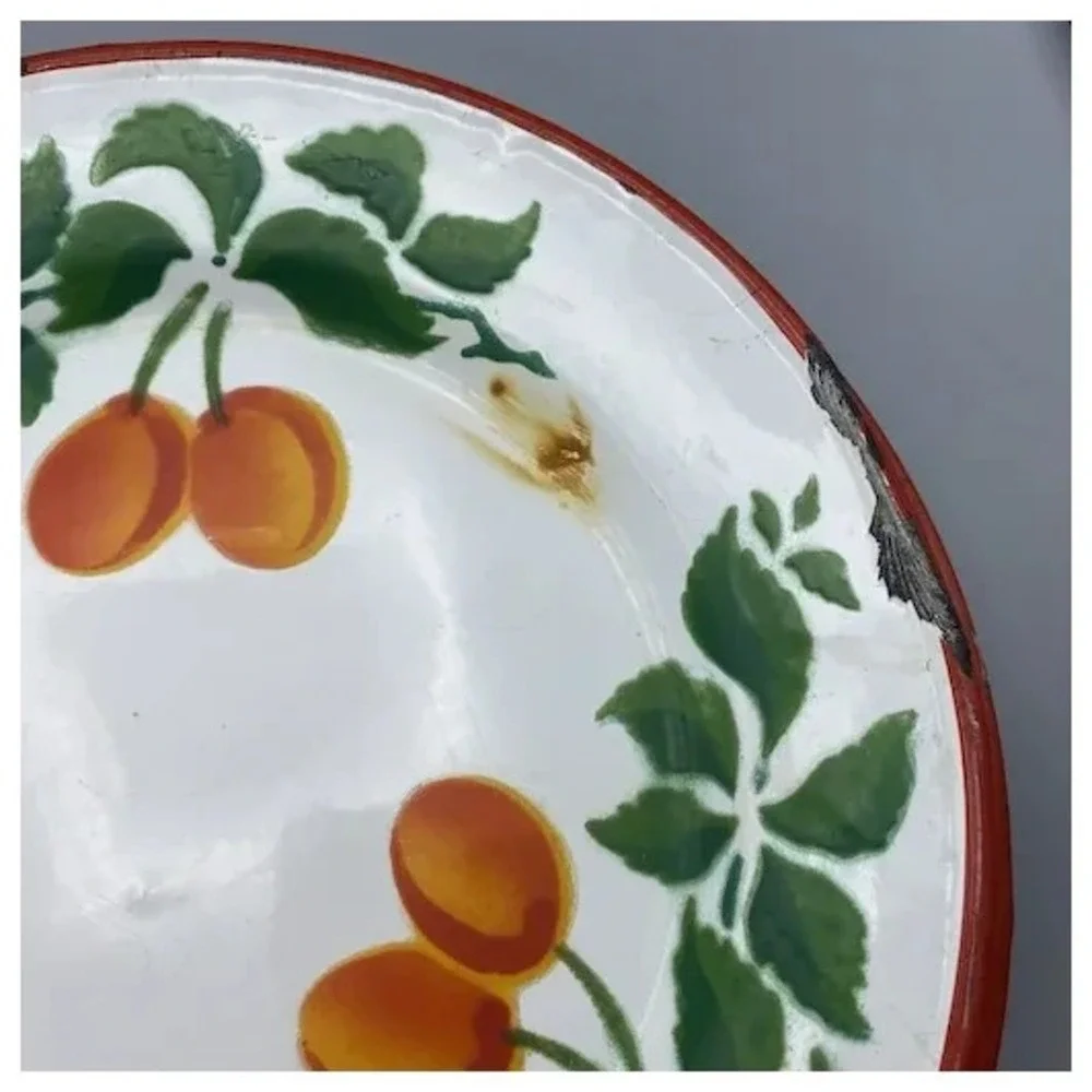 Distressed Vintage Huta Silesia Plates Poland Enamelware Fruit 4pcs